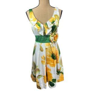 Vintage‎ Inspired Yellow Floral Sundress Size 13 Tulle V-Neck Green Waistband